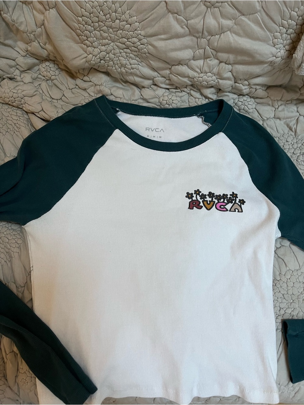 RVCA White and Dark Green Raglan Long Sleeve Kids Top